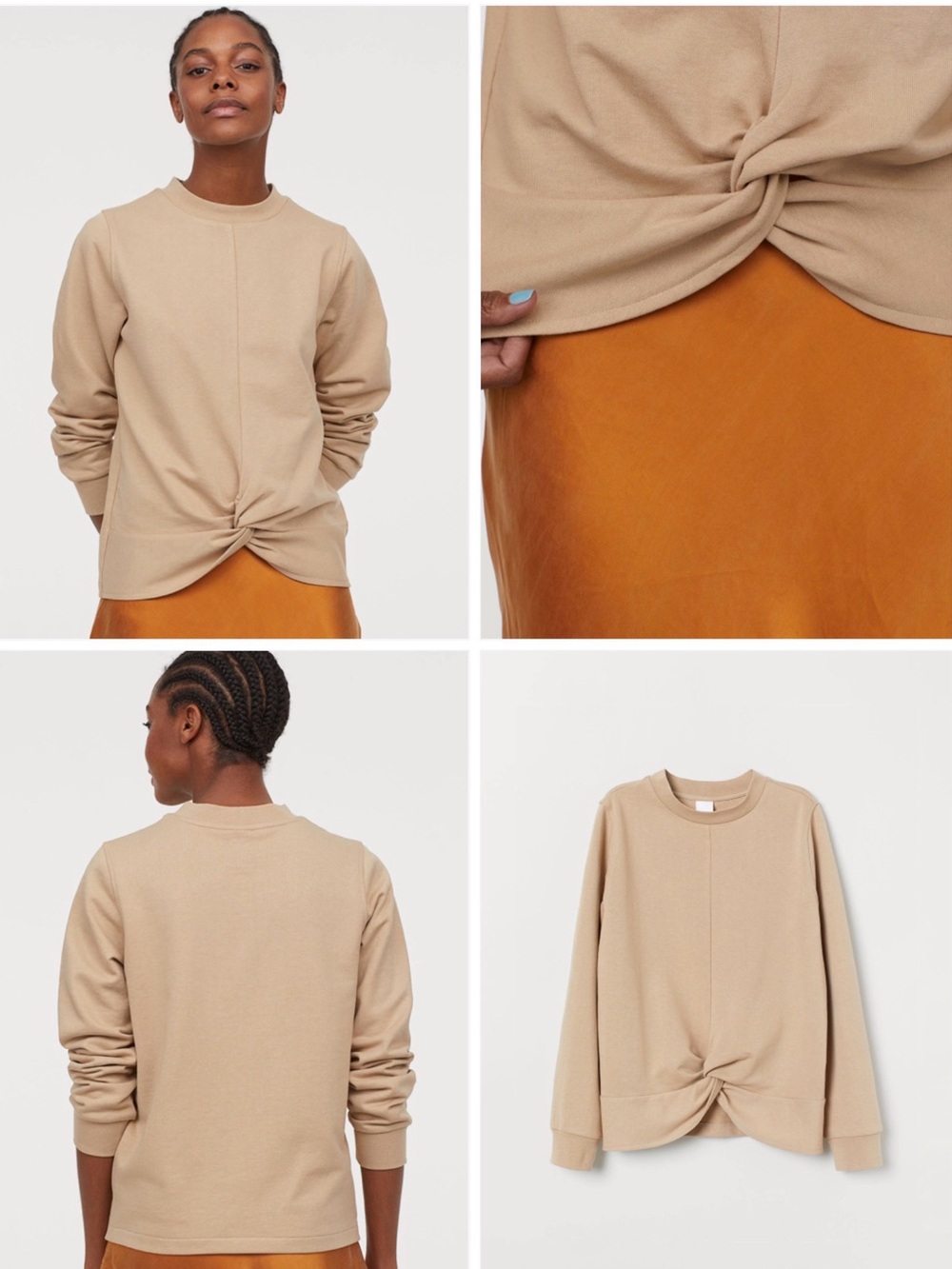 H&M Knot-Front Long Sleeve Sweatshirt - Beige